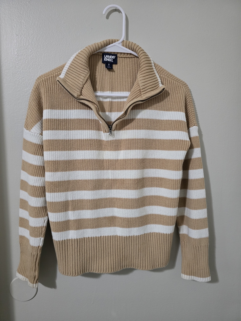Lands' End Woman's Tan & White Stripe Half-Zip Sweater - Picture 1 of 5